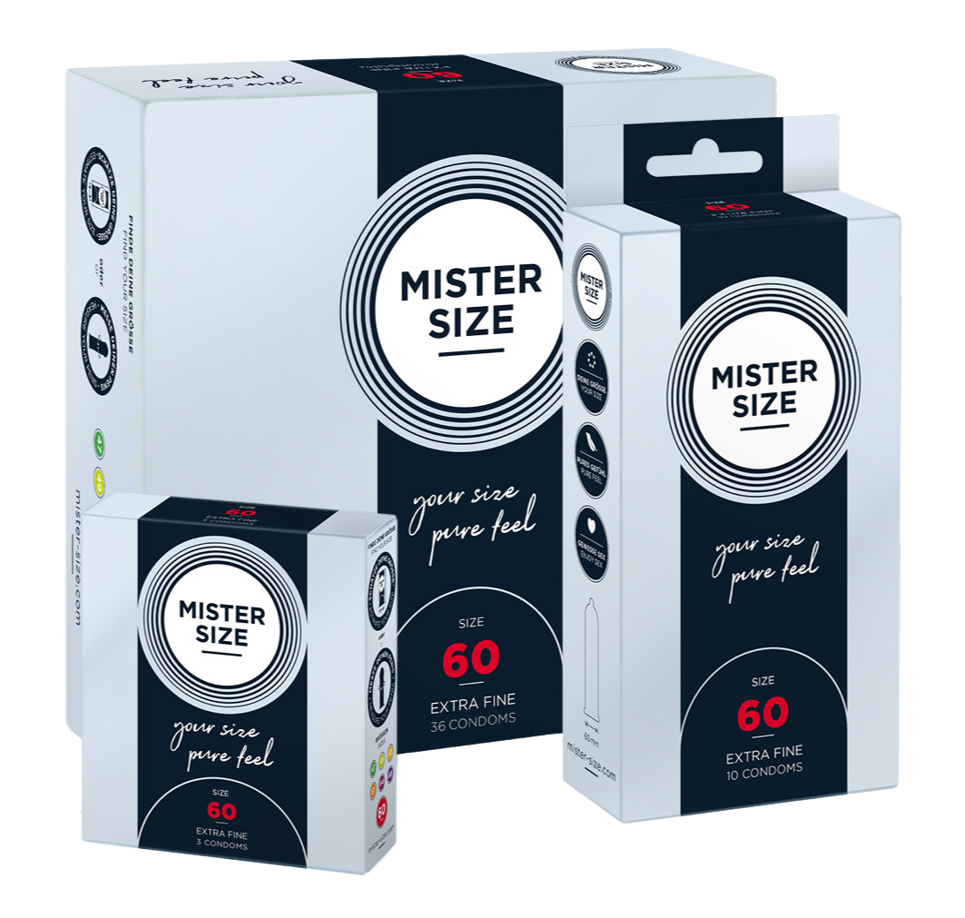 Три різні упаковки презервативів Mister Size розміру 60